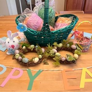Vintage green wicker basket & Easter decorations, Candle wreaths, banners & more